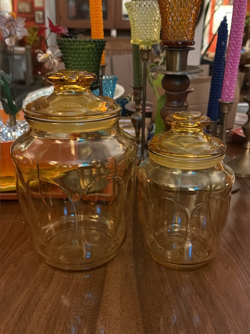 Vintage Anchor Hocking Fairfield Glass Amber Thumbprint Apothecary Jars